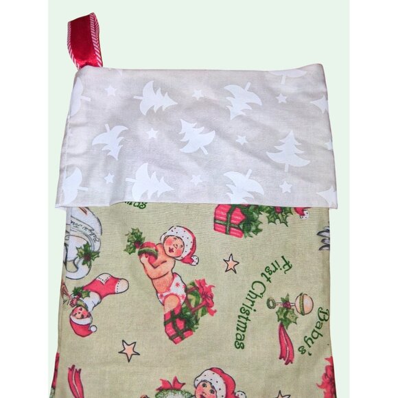 Babys First Christmas Stocking With Vintage-Inspired Print White Tree Cuff - Picture 3 of 7